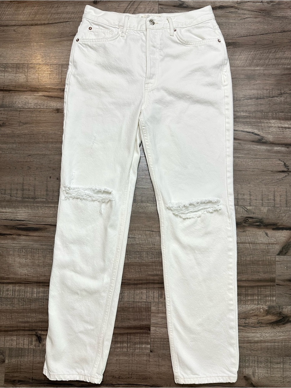 We The Free People White Distressed Straight Leg High Rise Ripped Jeans Denim 28